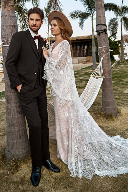 Ivory and Champagne Lace Boho Wedding Dress With Cape