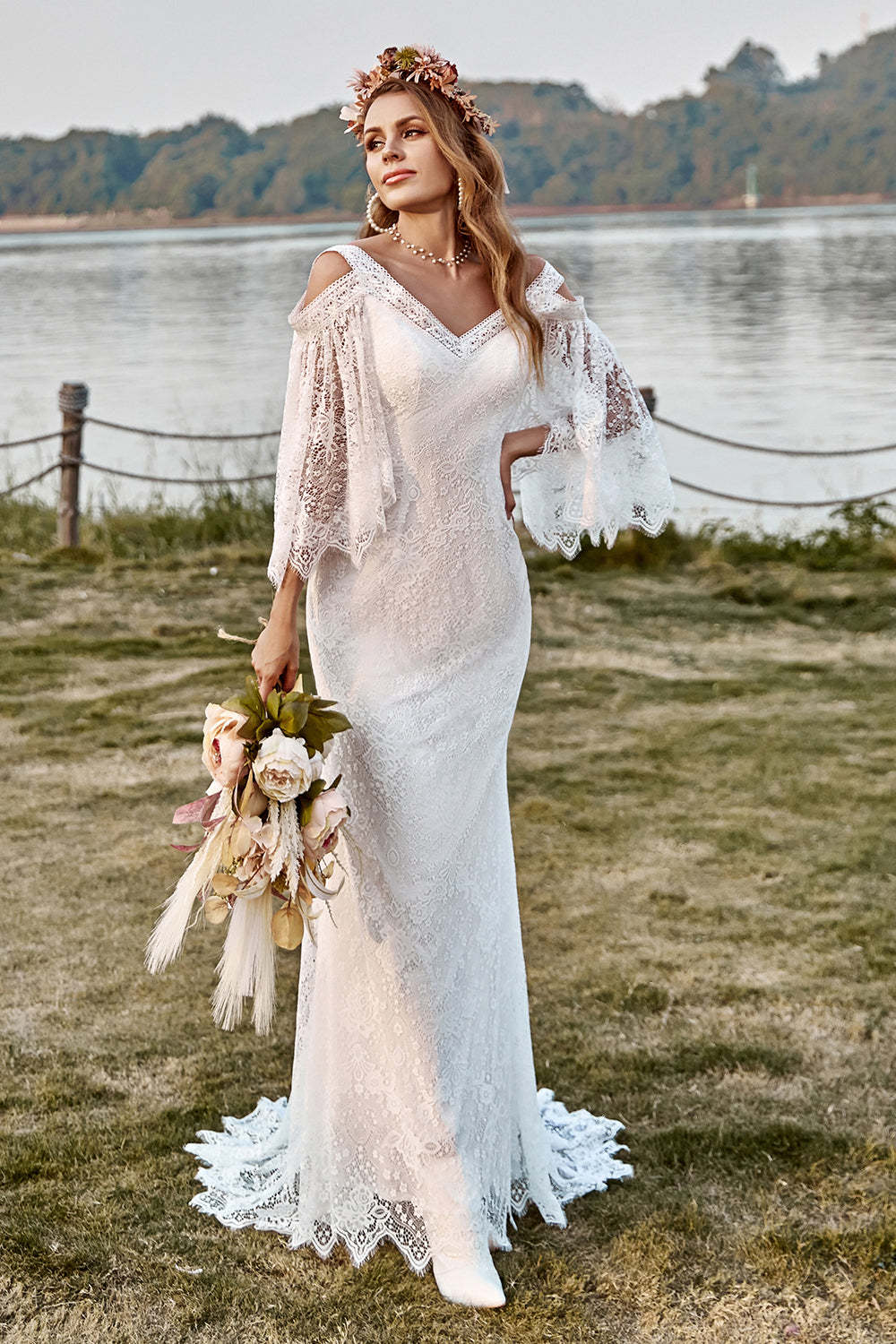 Leely Women Boho Wedding Dress Ivory Lace Mermaid Cape Sleeve Cold Shoulder Beach Bridal Dress