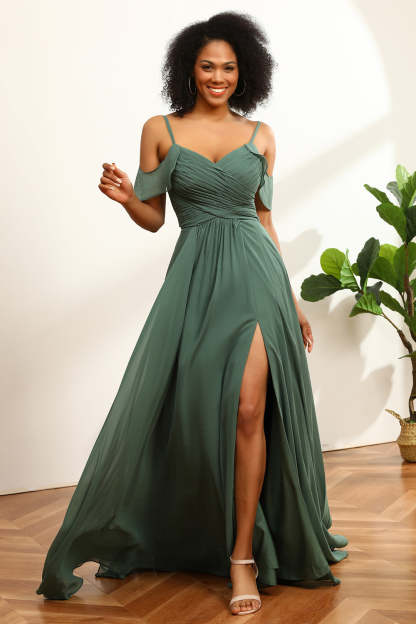 Leely Women Eucalyptus Ruched Lace-Up Back Long Chiffon Bridesmaid Dress