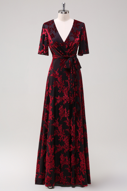 Dark Green Velvet A-Line Wedding Party Dress Dress with Sash