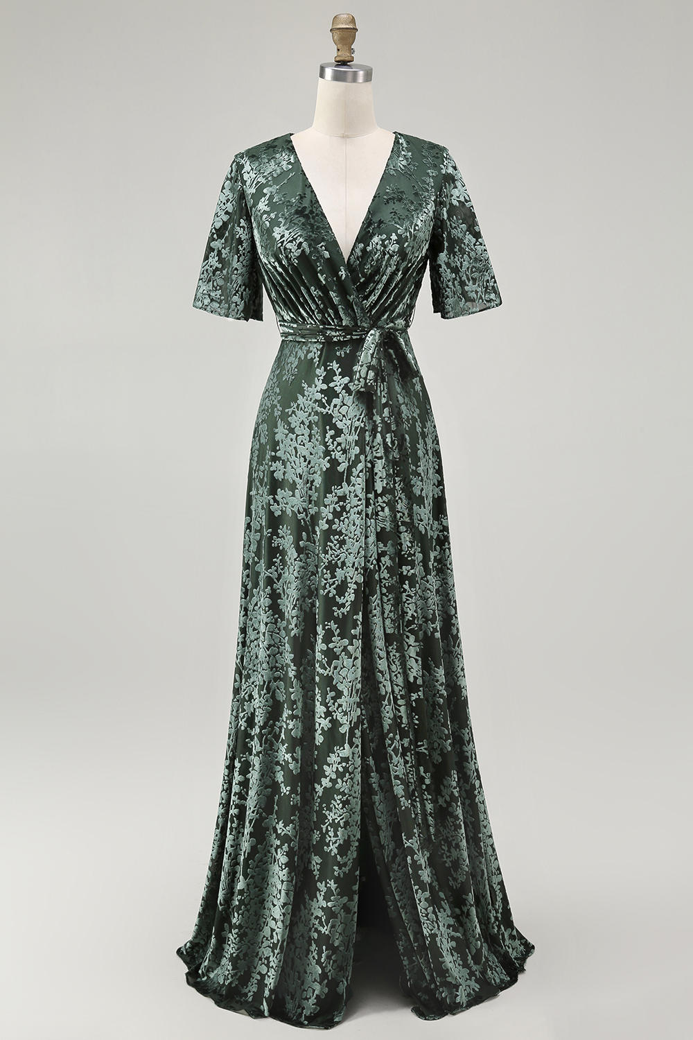 Blue Burnout Velvet Maxi Wedding Guest Dress with Sash