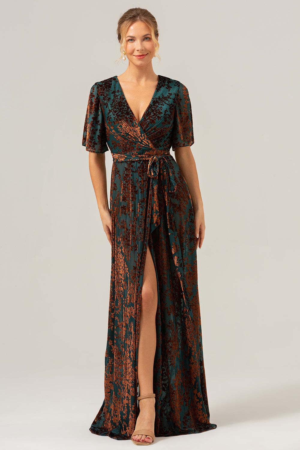 Leely Women Burnout Velvet Dark Green Wedding Party Dress V-neck Bridesmaid Dress