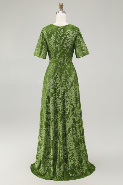 Dark Green Velvet A-Line Wedding Party Dress Dress with Sash