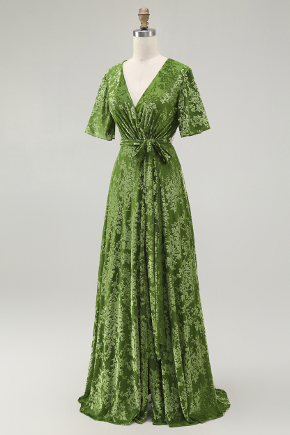 Dark Green Velvet A-Line Wedding Party Dress Dress with Sash