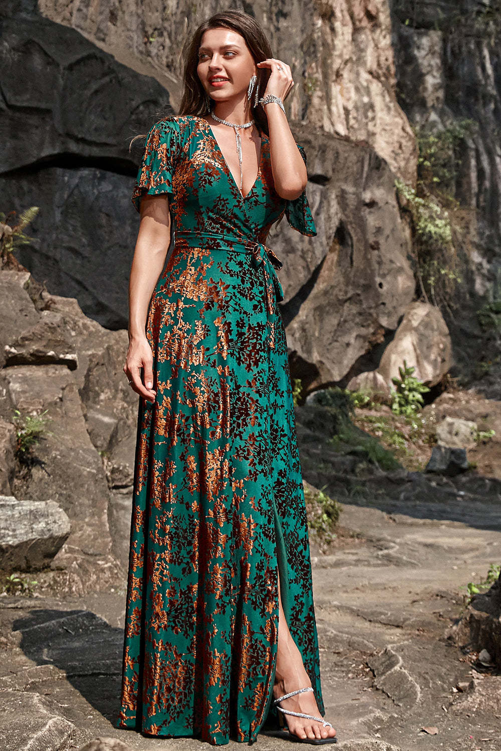 Burnout Velvet Dark Green Wedding Party Dress Dress with Slit