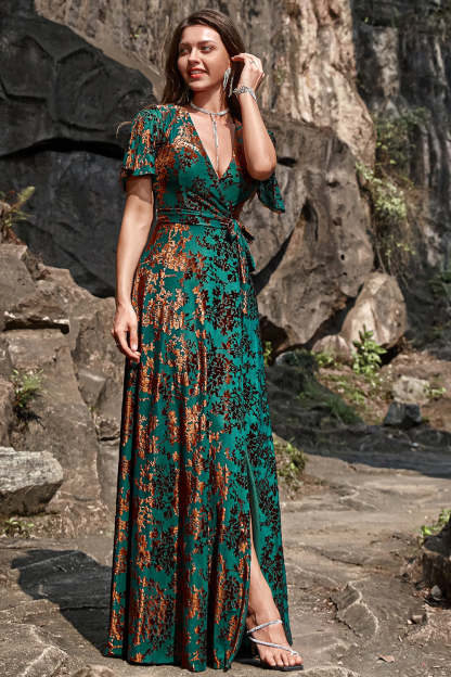 Burnout Velvet Dark Green Wedding Party Dress Dress with Slit