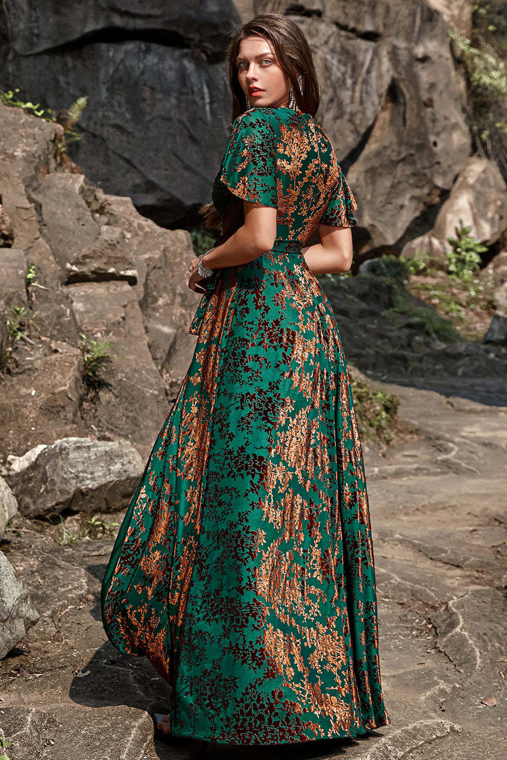 Burnout Velvet Dark Green Wedding Party Dress Dress with Slit
