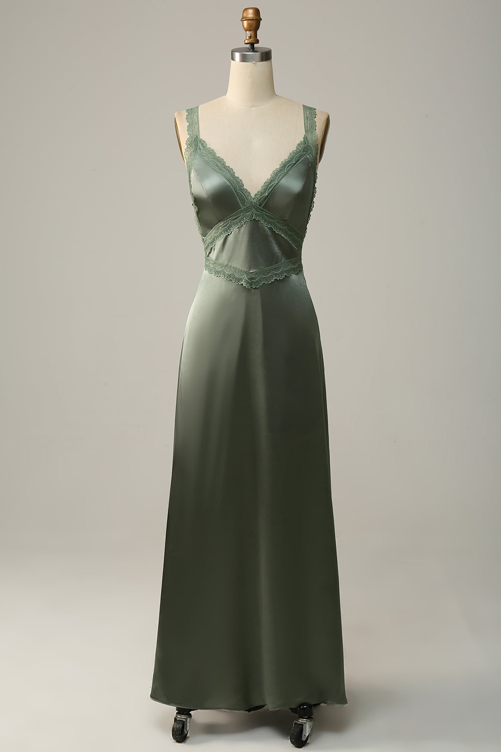 Leely Women Dusty Green Bridesmaid Dress with Lace A-Line V-Neck Open Back Wedding Party Dress