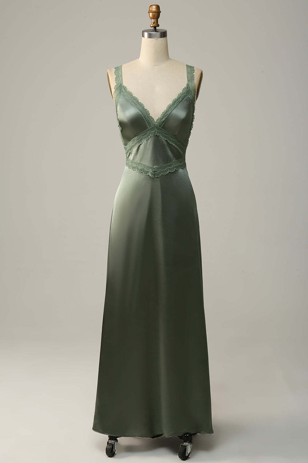 Leely Women Dusty Green Bridesmaid Dress with Lace A-Line V-Neck Open Back Wedding Party Dress