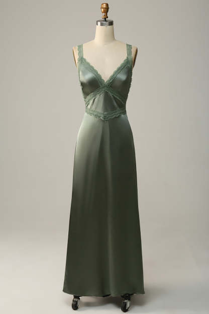Leely Women Dusty Green Bridesmaid Dress with Lace A-Line V-Neck Open Back Wedding Party Dress