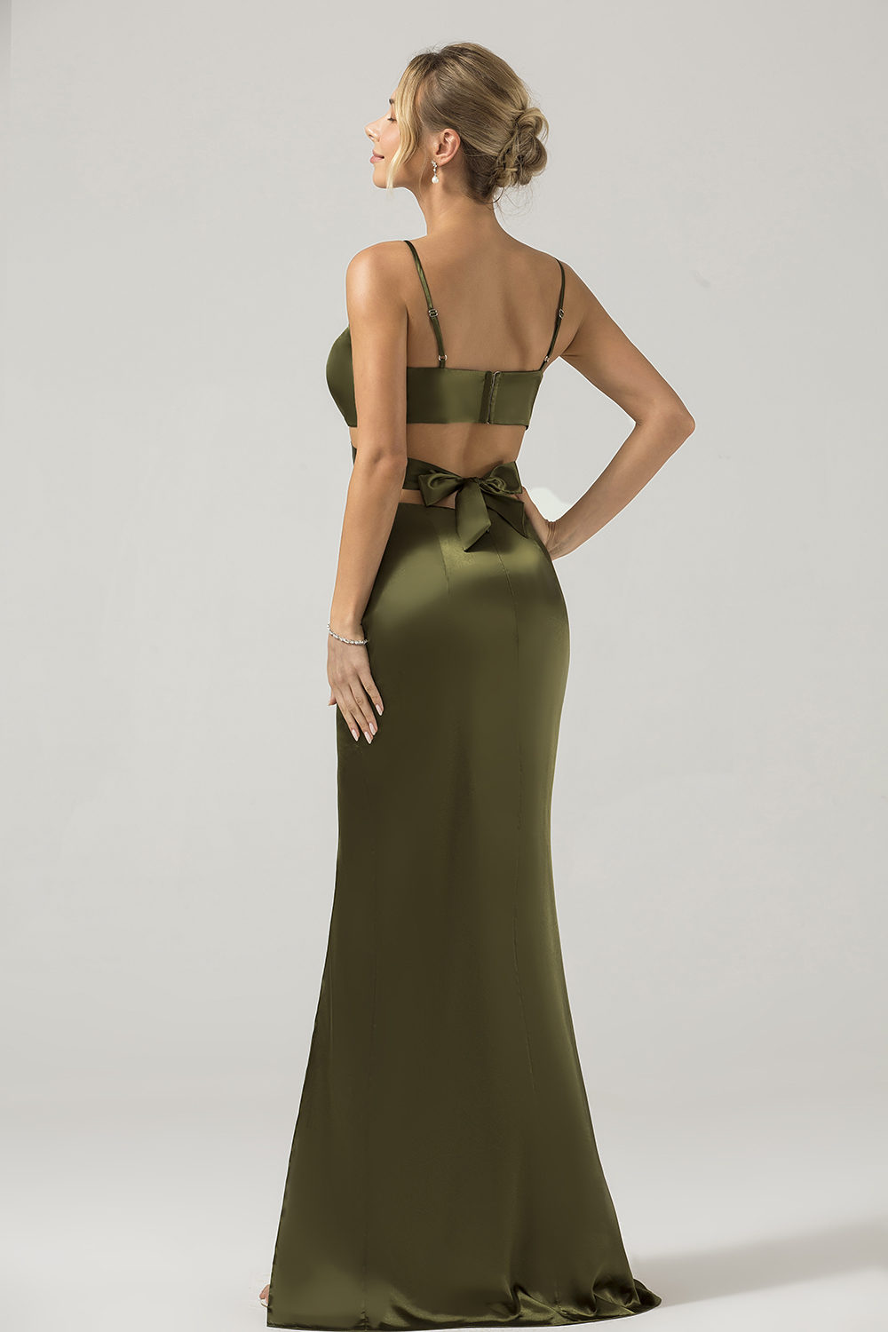 Olive Spaghetti Strap Satin Sheath Cut Long Bow Slit Bridesmaid Dress