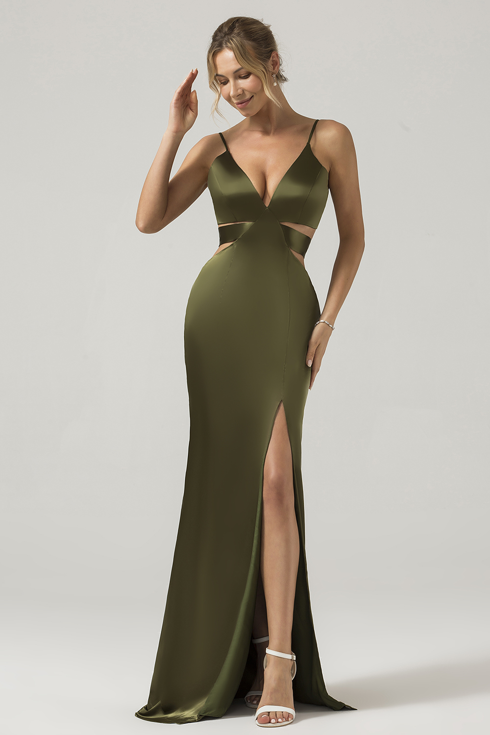 Olive Spaghetti Strap Satin Sheath Cut Long Bow Slit Bridesmaid Dress