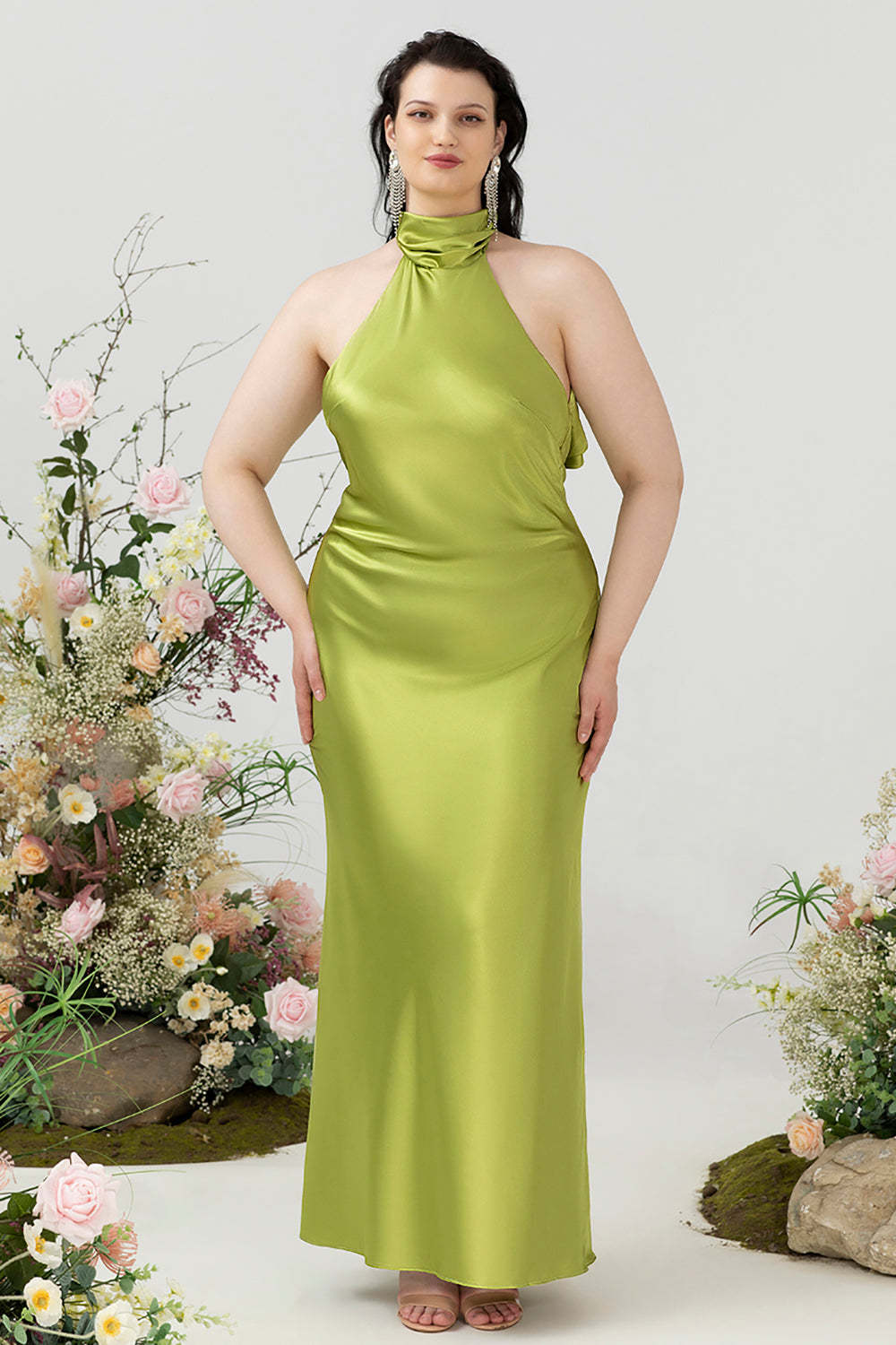 Halter Neck Open Back Satin Sheath Long Bridesmaid Dress