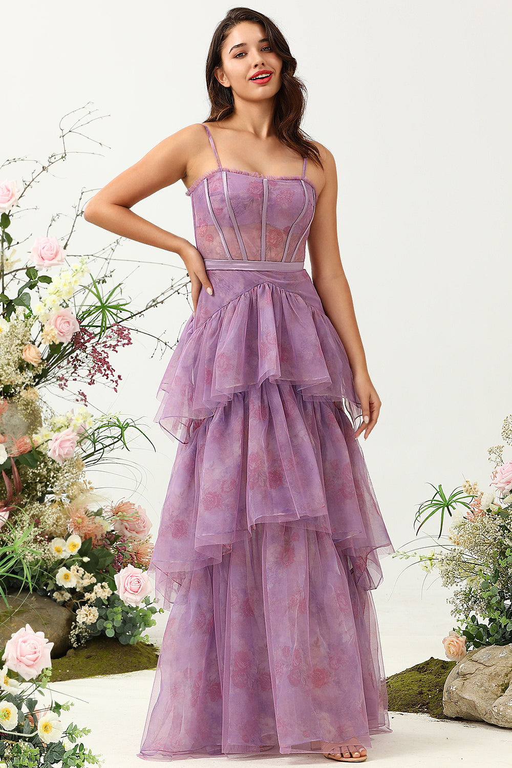 Leely Women Purple Corset Bridesmaid Dress Tulle Spaghetti Straps Formal Dress