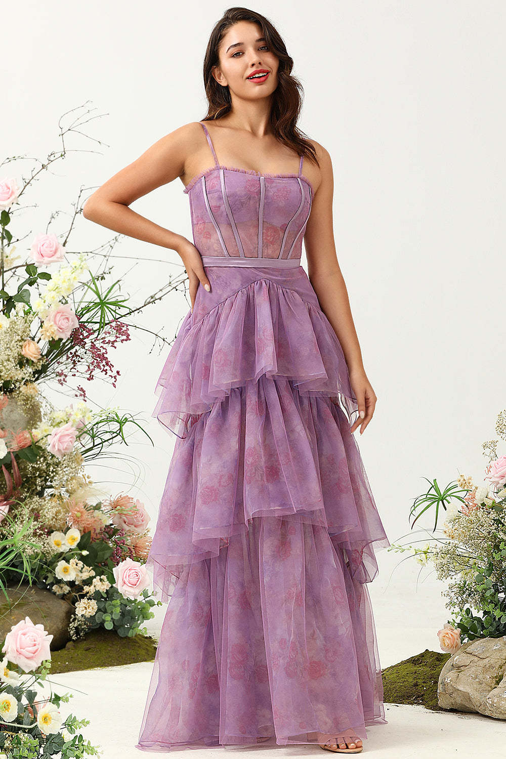 Leely Women Purple Corset Bridesmaid Dress Tulle Spaghetti Straps Formal Dress