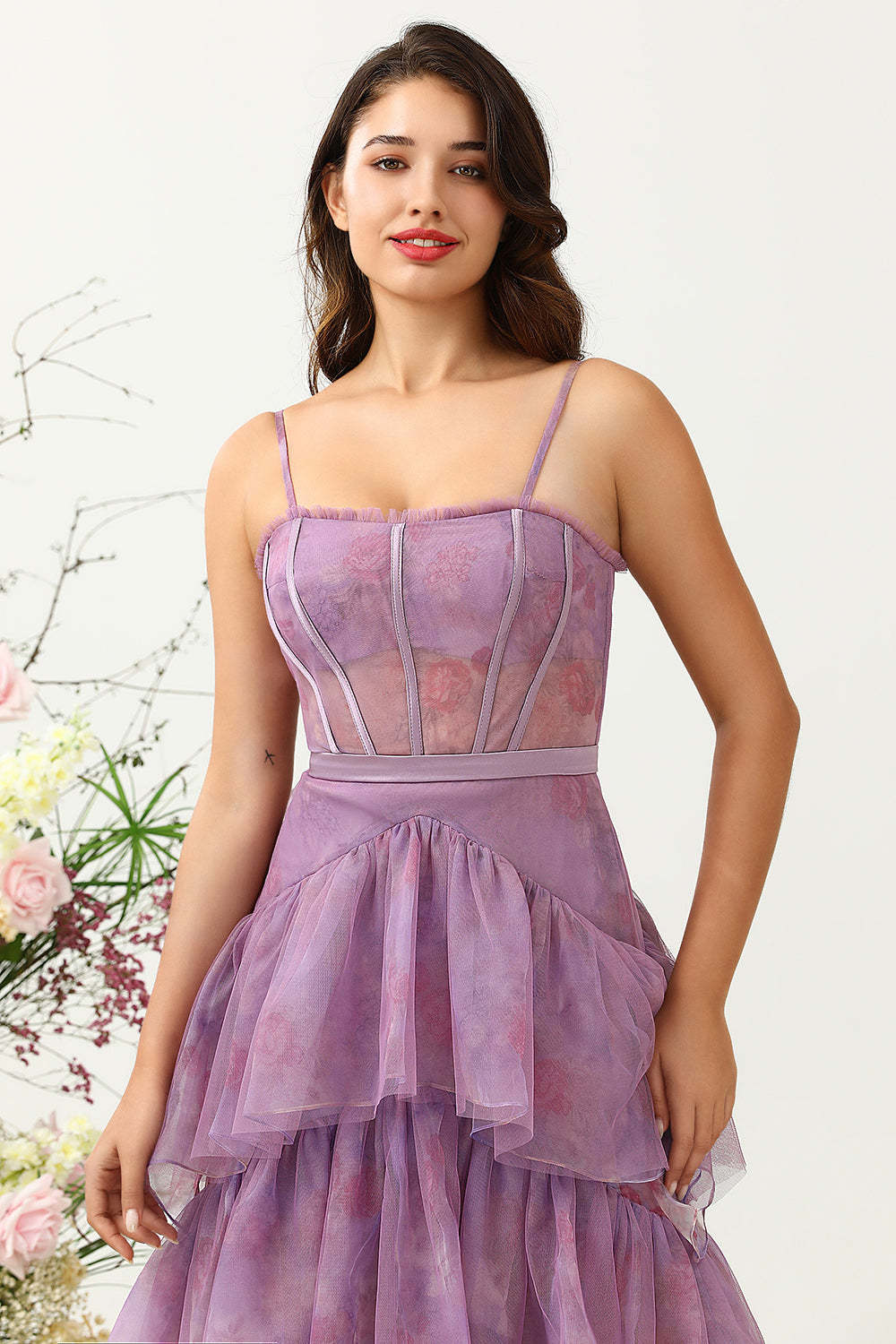 Purple Tulle Spaghetti Straps Corset Bridesmaid Dress