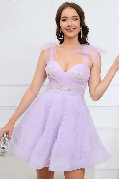 LEELY Women Light Purple Pleated Homecoming Dress A Line Sweetheart Tulle Cocktail Dress