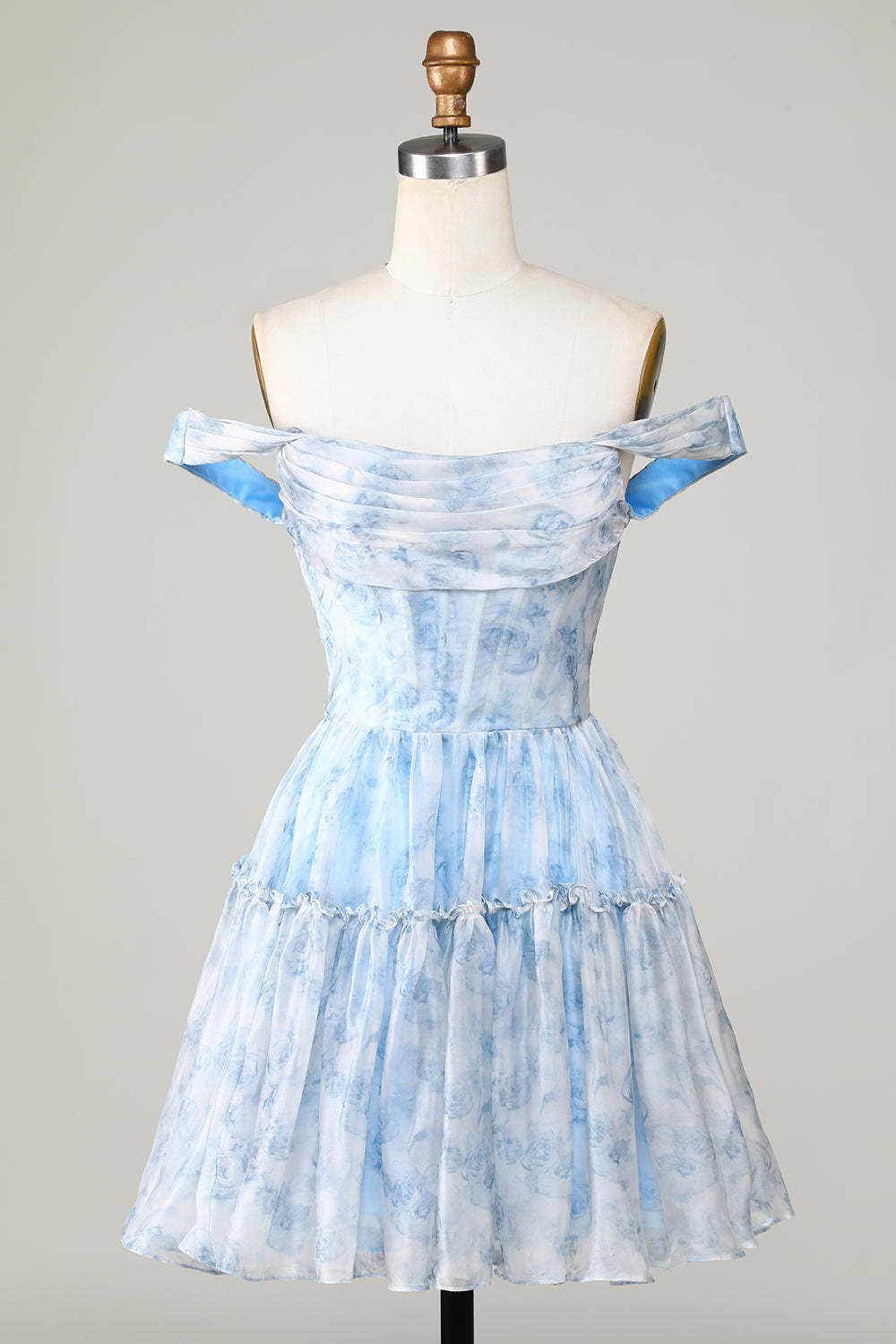 LEELY Cute Floral Blue Printed Short Homecoming Dress Stylish A Line Cocktail Dress