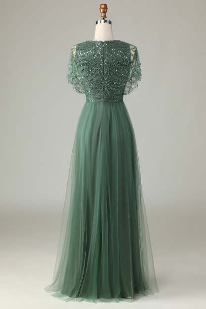 Eucalyptus A-Line V Neck Long Bridesmaid Dress With Beading