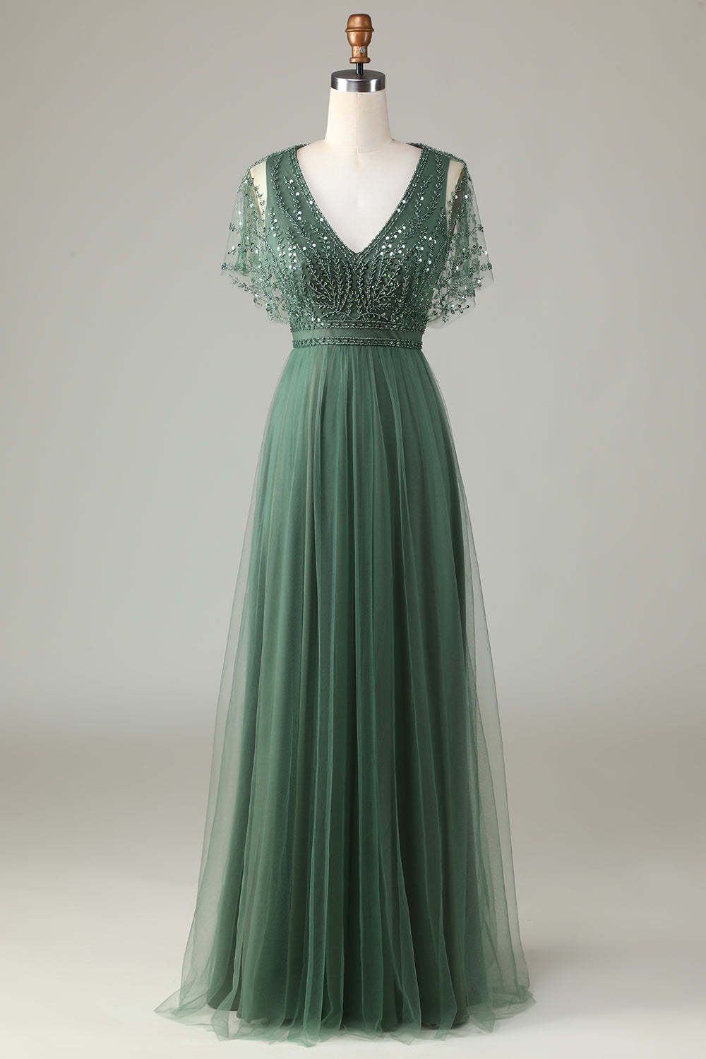 Eucalyptus A-Line V Neck Long Bridesmaid Dress With Beading