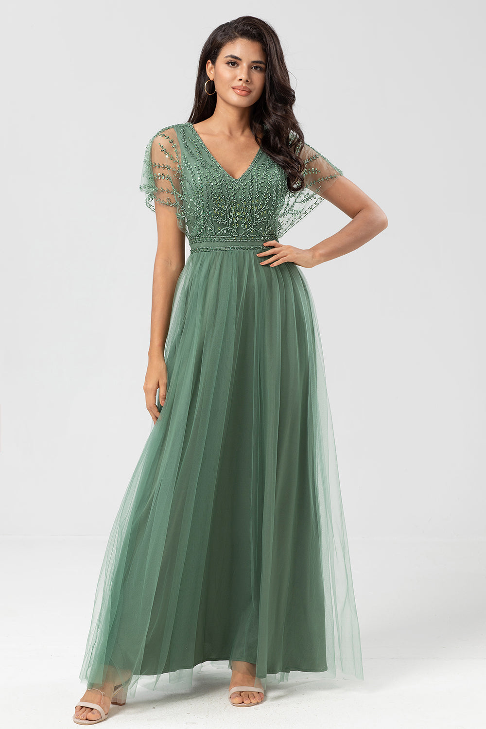 Eucalyptus A-Line V Neck Long Bridesmaid Dress With Beading