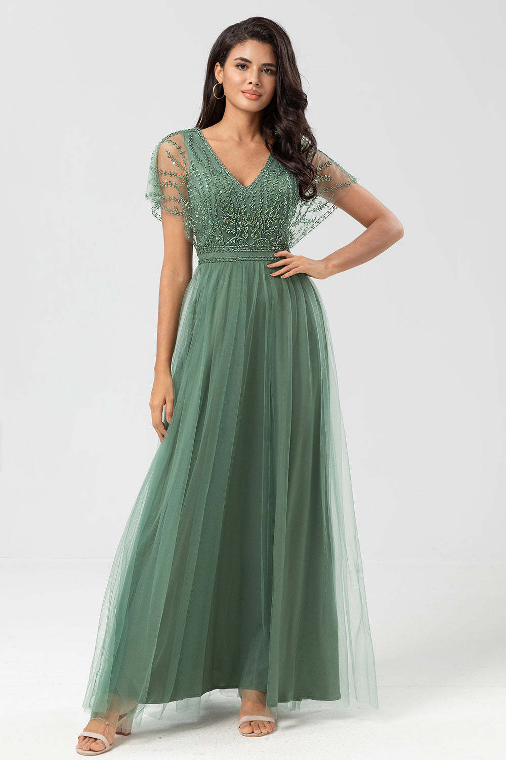 Leely Women Eucalyptus Long Bridesmaid Dress A-Line V Neck Formal Dress With Beading
