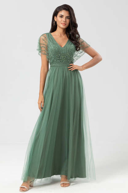 Leely Women Eucalyptus Long Bridesmaid Dress A-Line V Neck Formal Dress With Beading