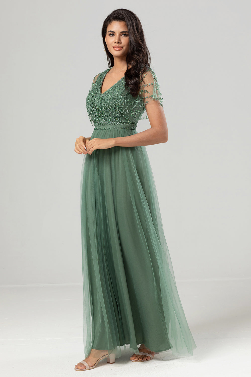 Eucalyptus A-Line V Neck Long Bridesmaid Dress With Beading