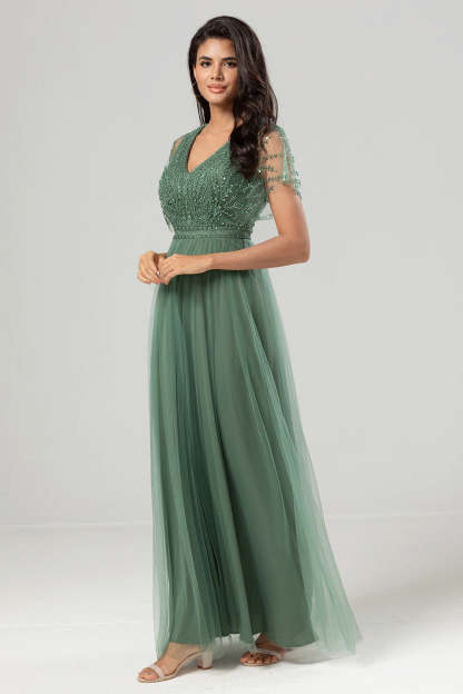 Eucalyptus A-Line V Neck Long Bridesmaid Dress With Beading