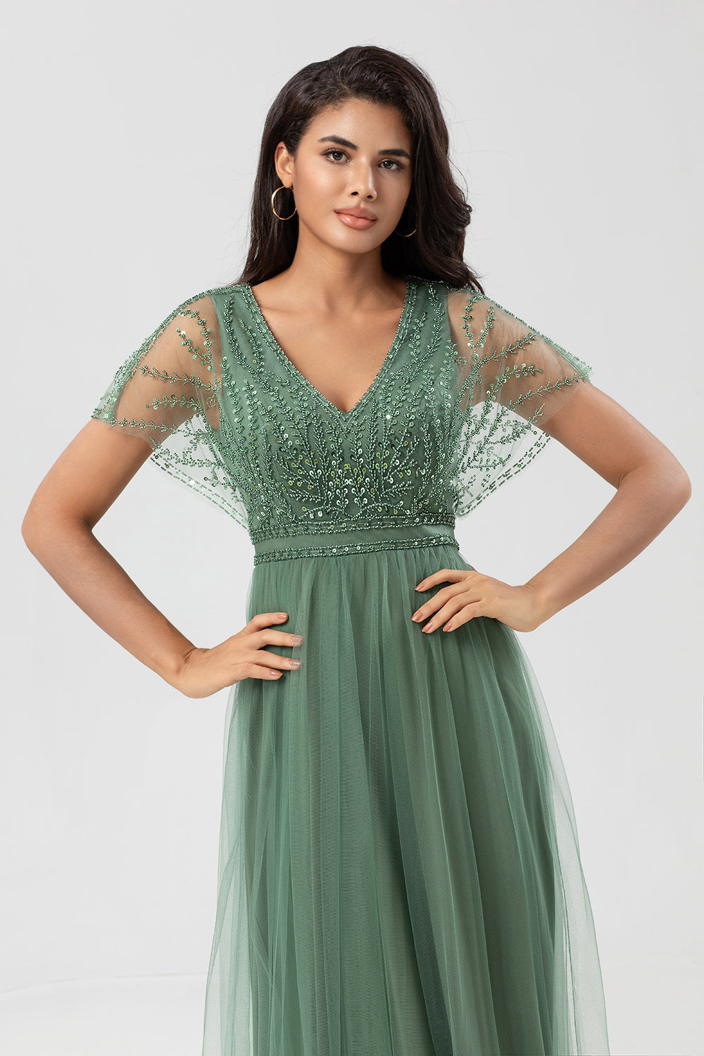 Eucalyptus A-Line V Neck Long Bridesmaid Dress With Beading