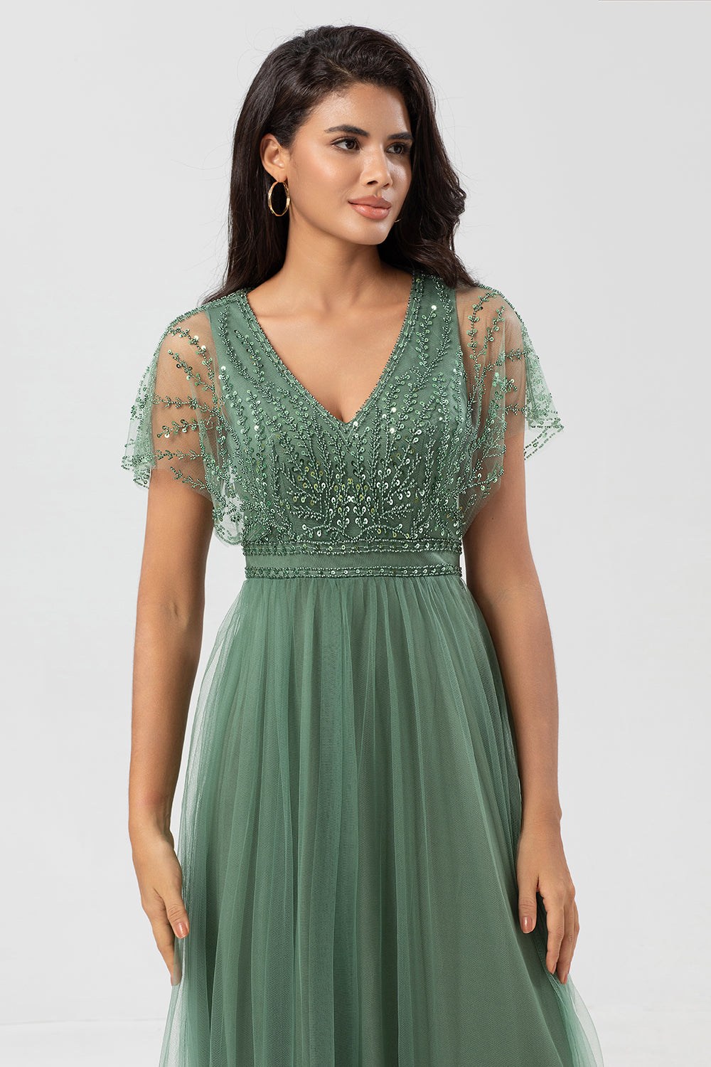 Eucalyptus A-Line V Neck Long Bridesmaid Dress With Beading