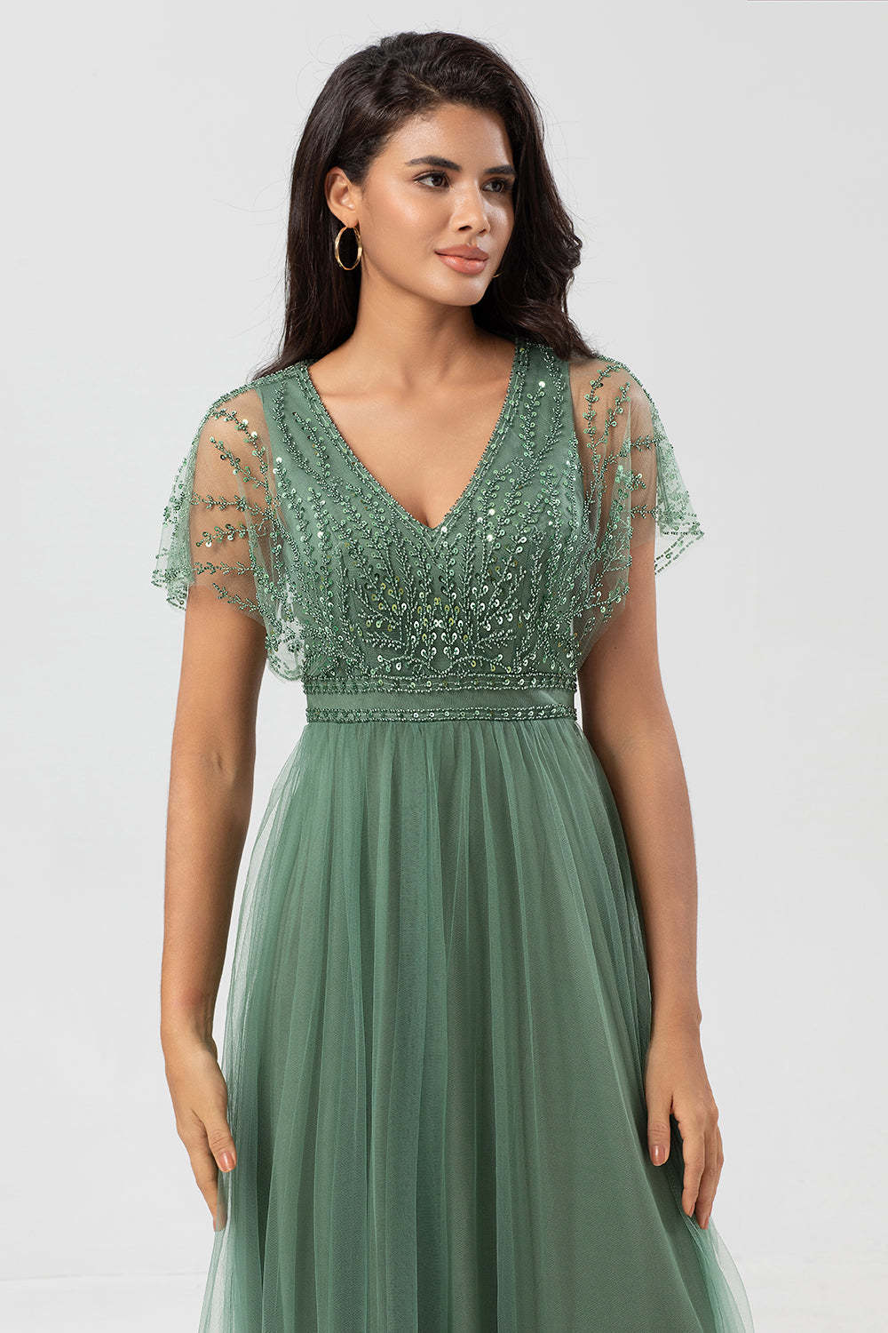 Eucalyptus A-Line V Neck Long Bridesmaid Dress With Beading