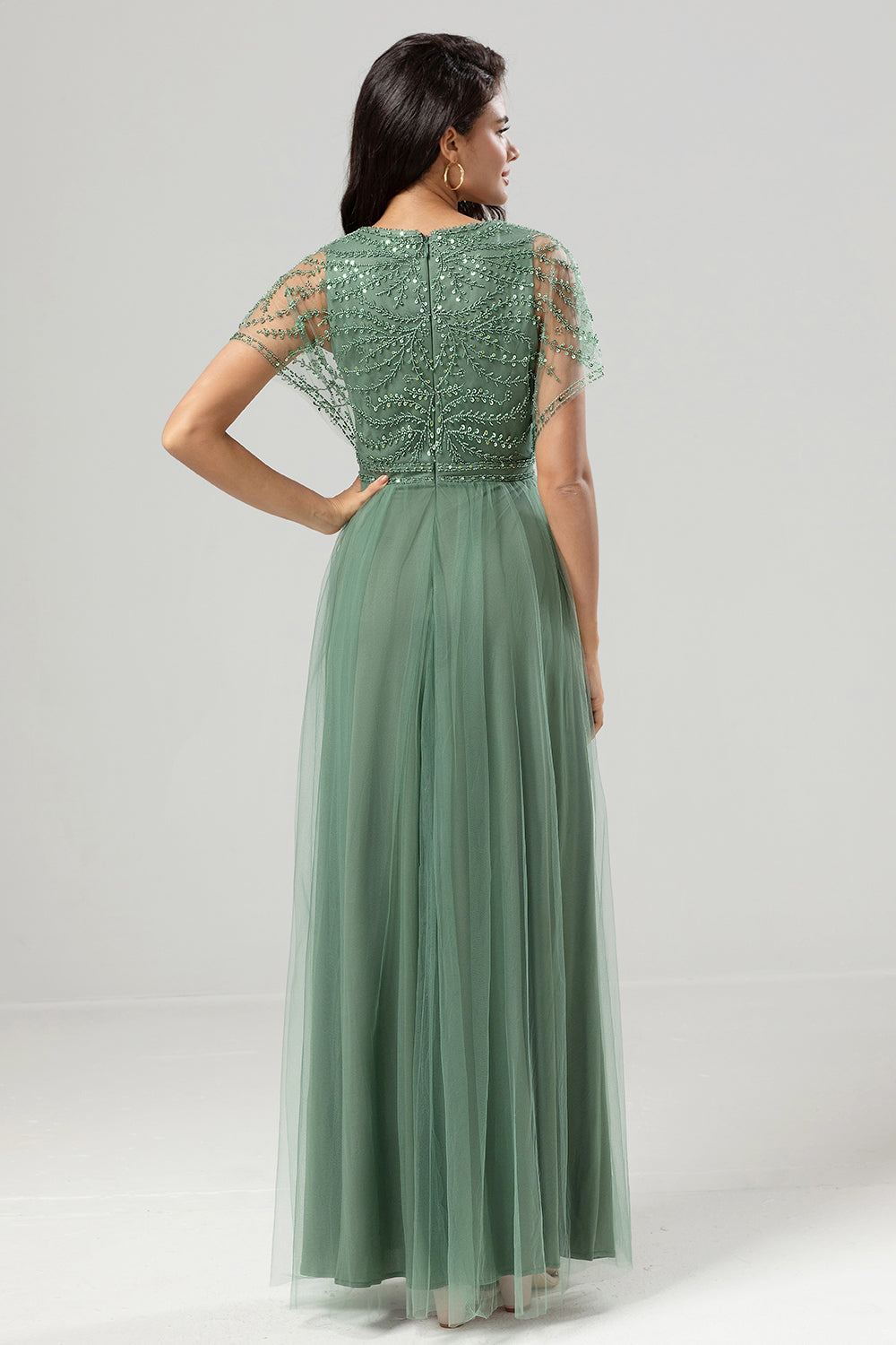 Eucalyptus A-Line V Neck Long Bridesmaid Dress With Beading