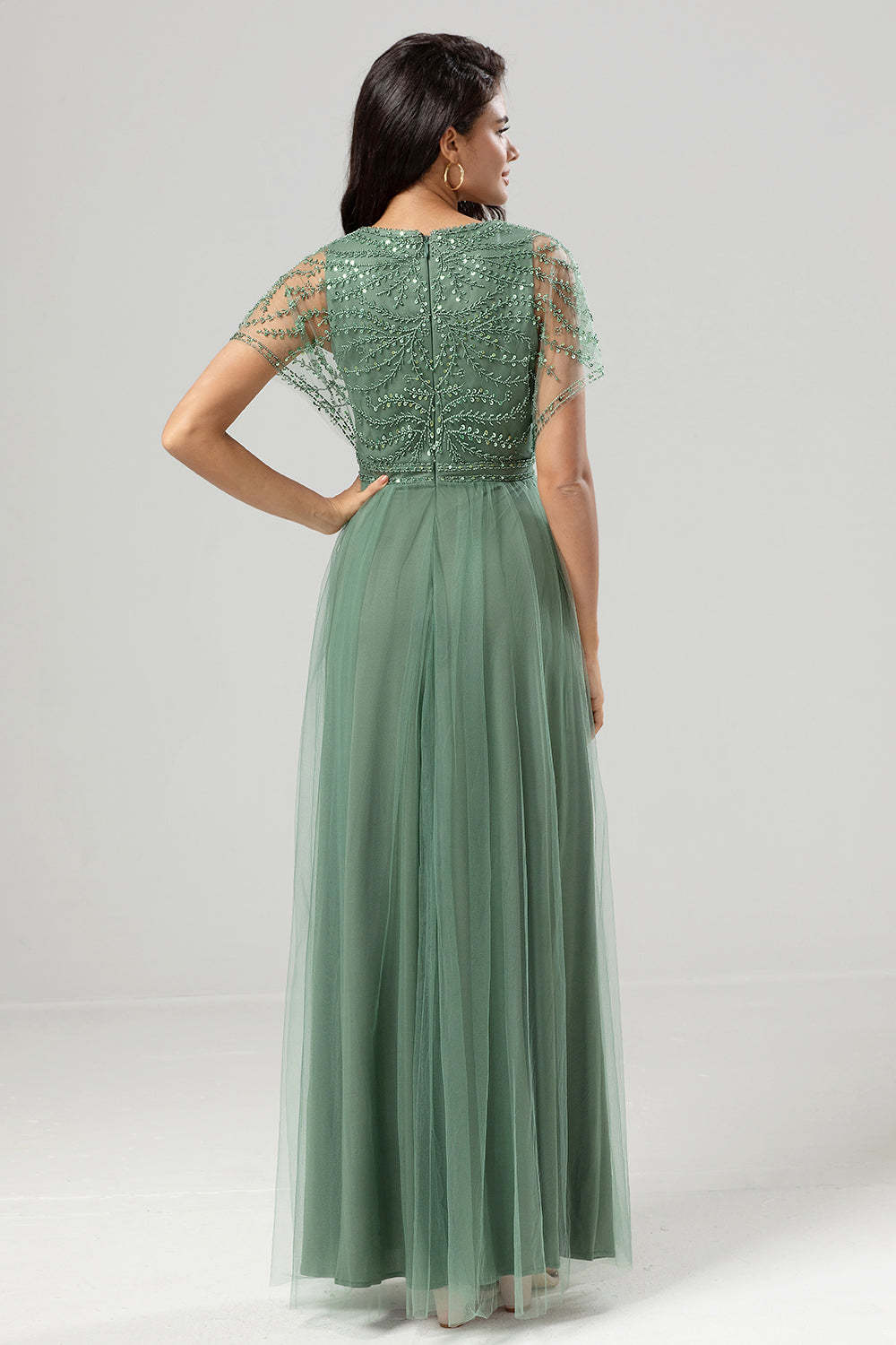 Eucalyptus A-Line V Neck Long Bridesmaid Dress With Beading