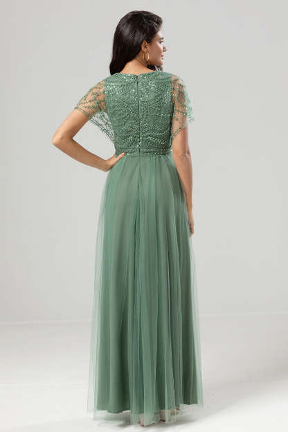 Eucalyptus A-Line V Neck Long Bridesmaid Dress With Beading