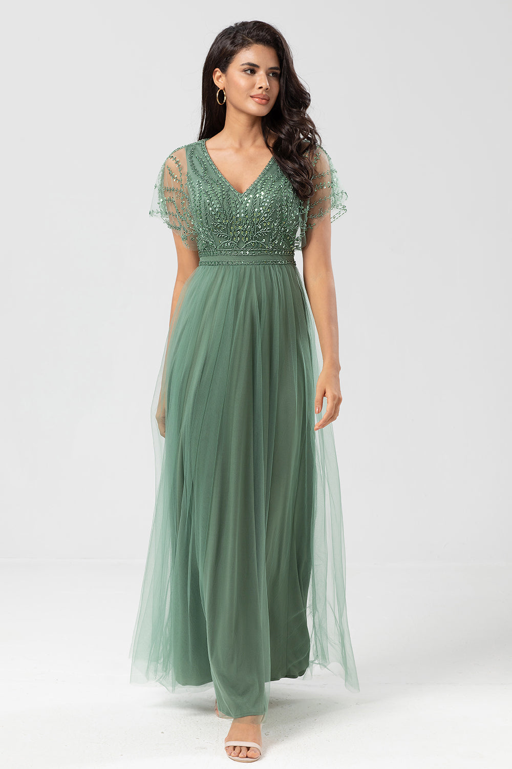 Eucalyptus A-Line V Neck Long Bridesmaid Dress With Beading
