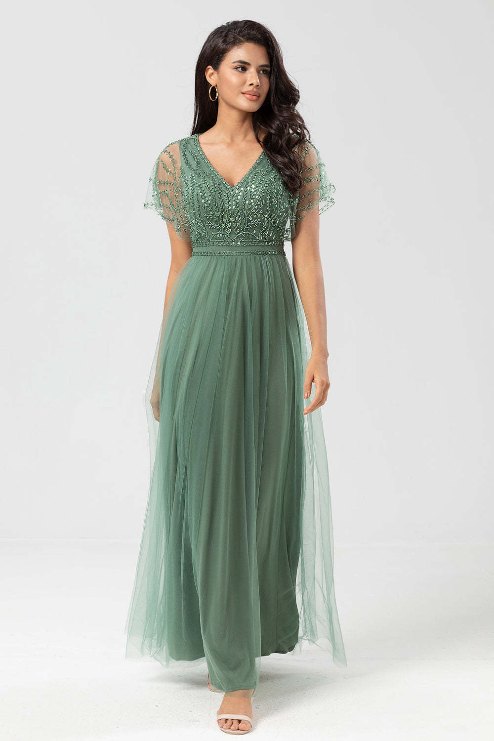 Eucalyptus A-Line V Neck Long Bridesmaid Dress With Beading