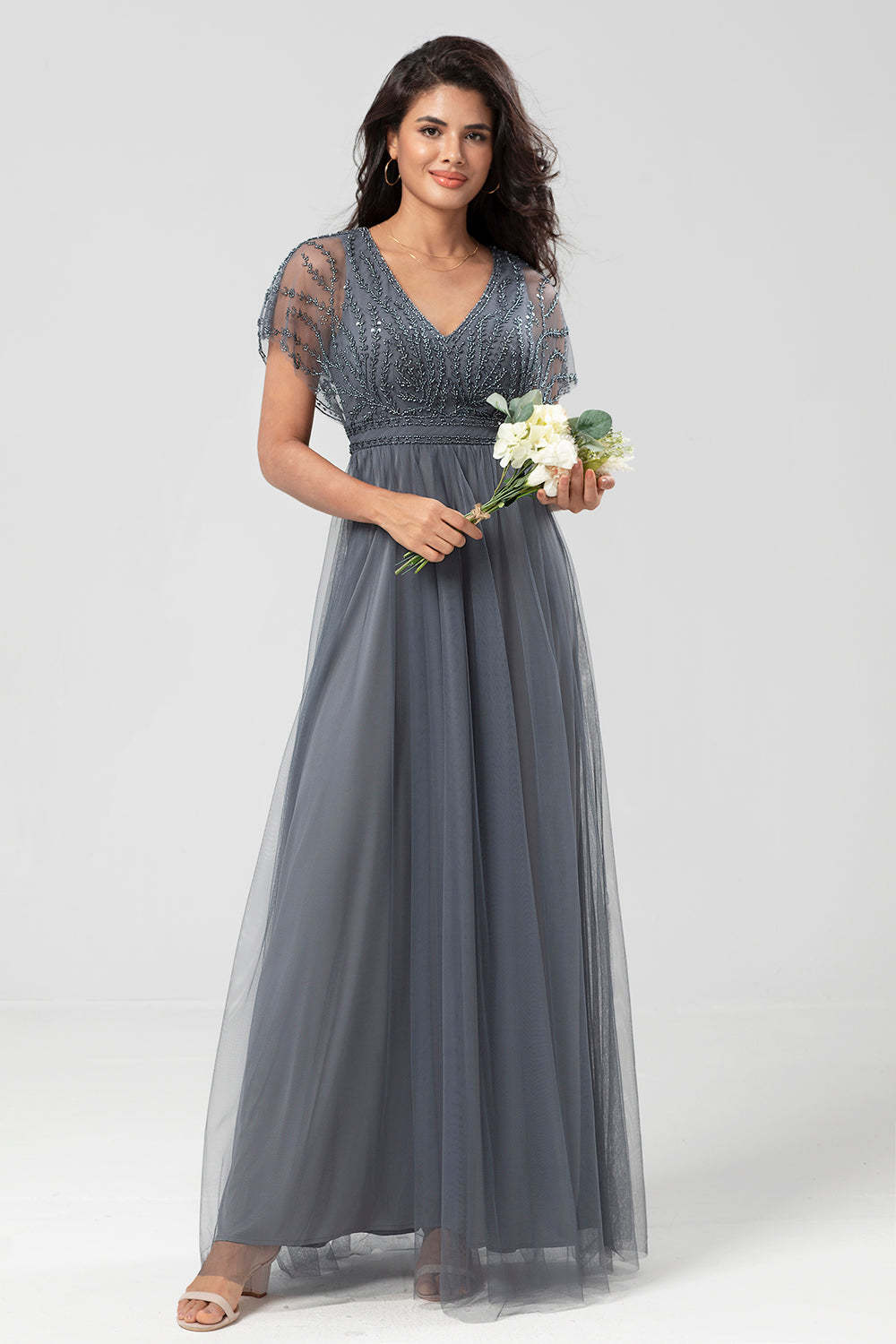 Eucalyptus A-Line V Neck Long Bridesmaid Dress With Beading