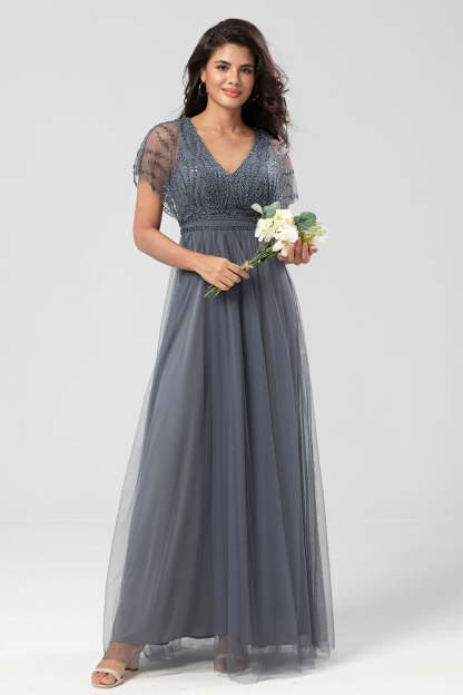 Eucalyptus A-Line V Neck Long Bridesmaid Dress With Beading