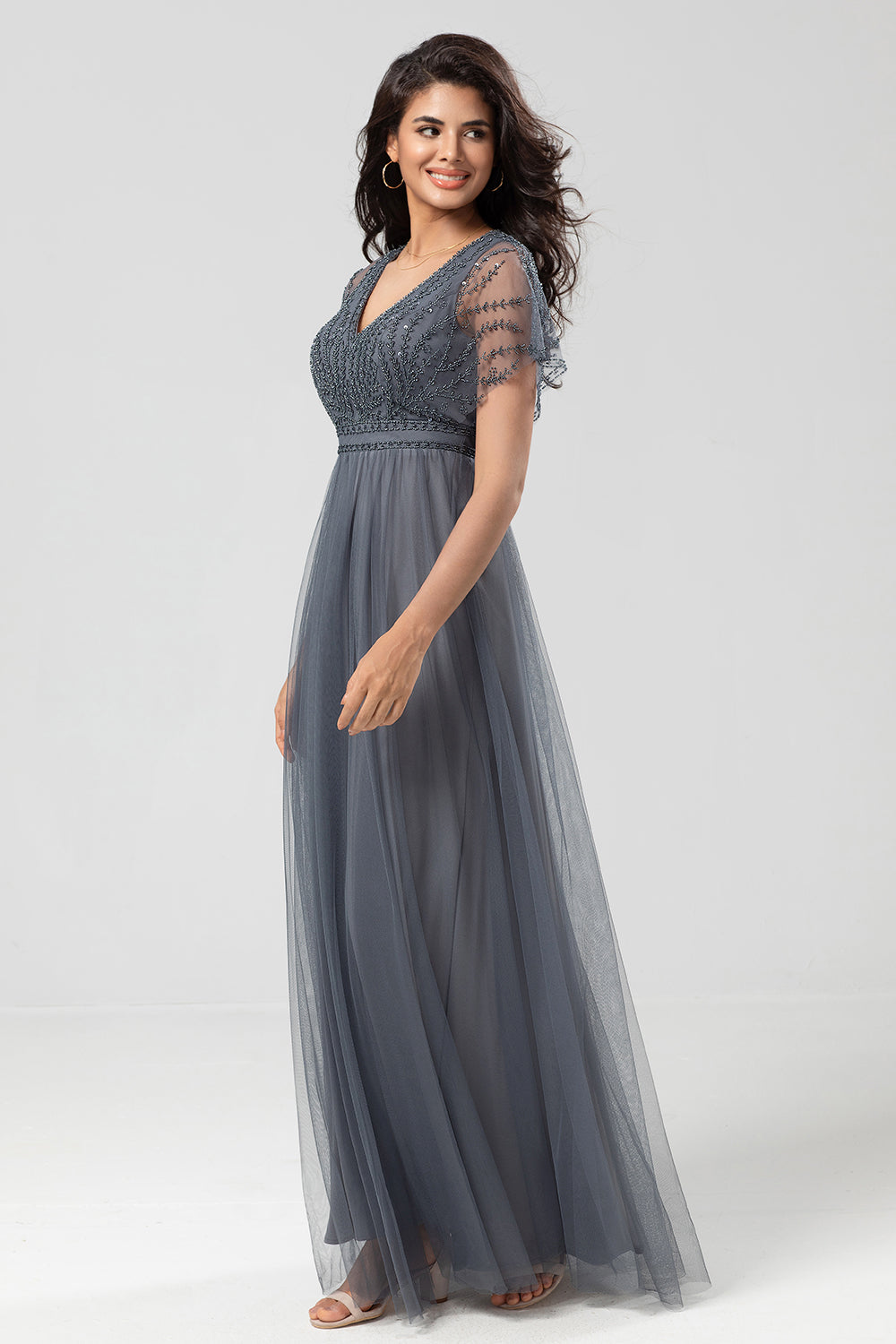 Eucalyptus A-Line V Neck Long Bridesmaid Dress With Beading