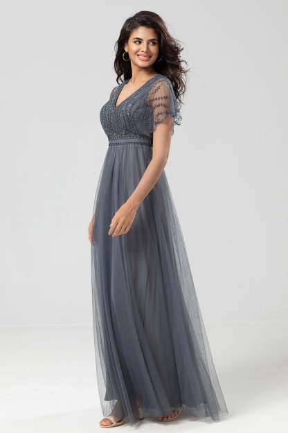 Eucalyptus A-Line V Neck Long Bridesmaid Dress With Beading