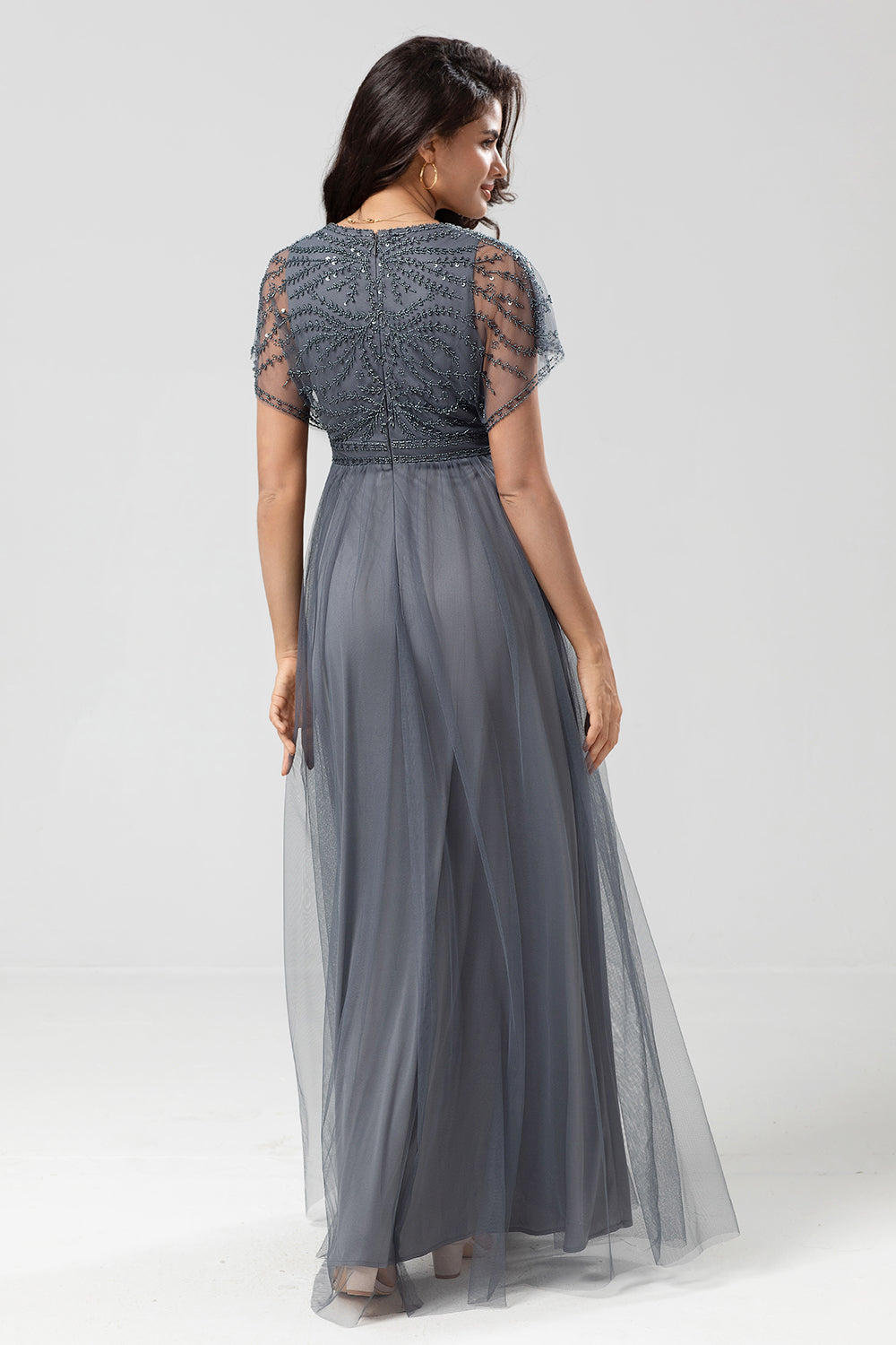 Eucalyptus A-Line V Neck Long Bridesmaid Dress With Beading
