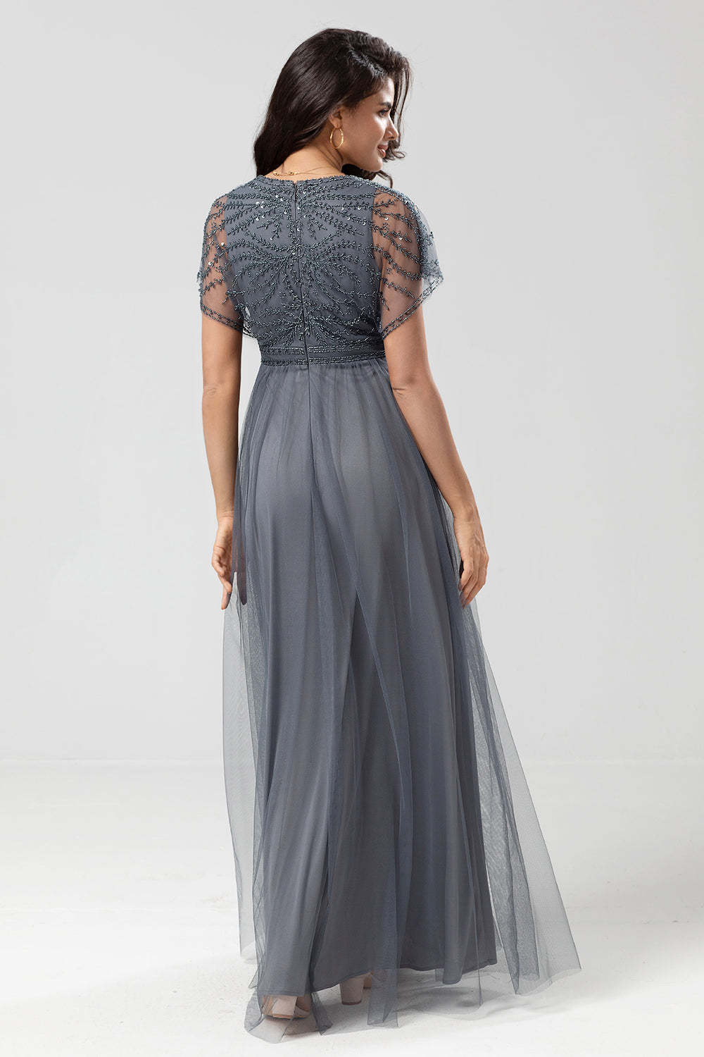 Eucalyptus A-Line V Neck Long Bridesmaid Dress With Beading