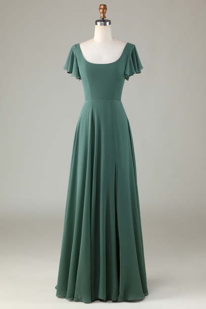 Leely Women Eucalyptus Long Bridesmaid Dress with Ruffles Chiffon A-Line Wedding Guest Dress