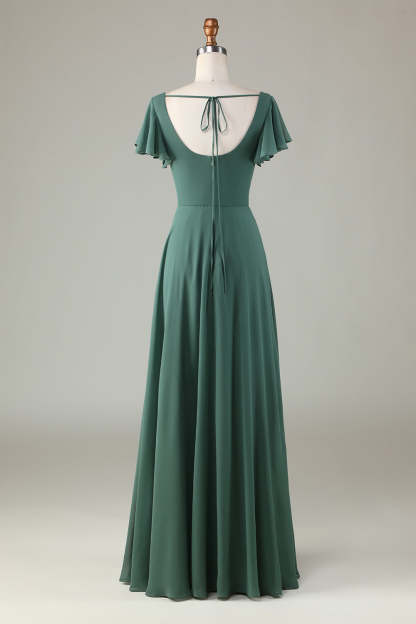 A-Line Eucalyptus Long Bridesmaid Dress with Ruffles