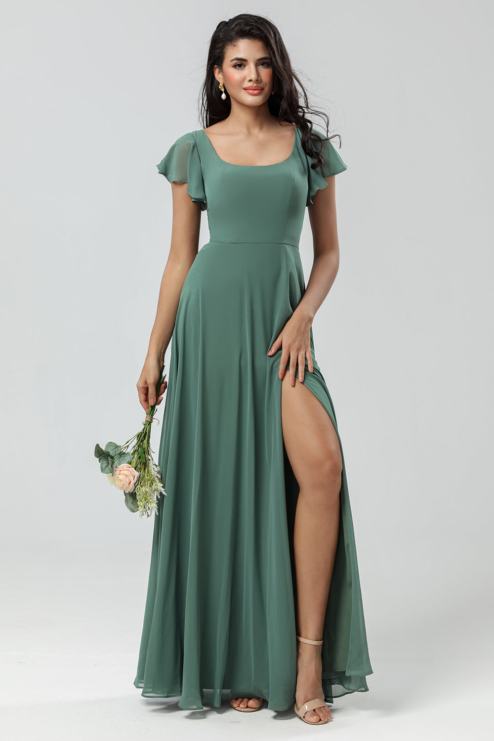 Leely Women Green Long Bridesmaid Dress with Ruffles Chiffon A-Line Wedding Guest Dress