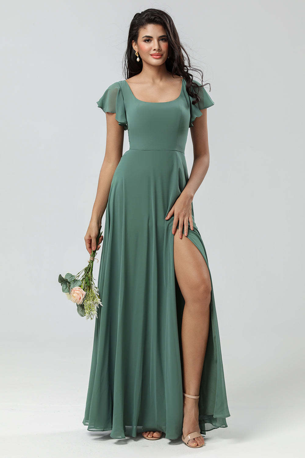 Leely Women Green Long Bridesmaid Dress with Ruffles Chiffon A-Line Wedding Guest Dress