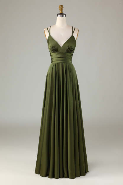 Leely Women Olive Long Bridesmaid Dress A-Line Sleeveless Wedding Guest Dress