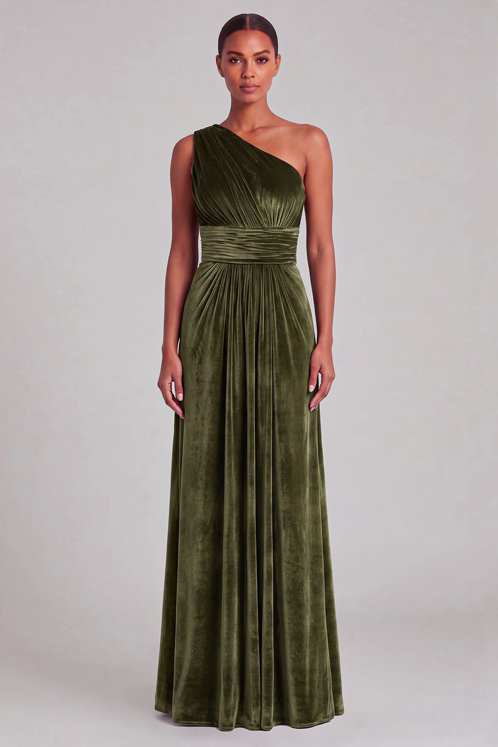 Velvet One Shoulder Olive A-Line Bridesmaid Dress
