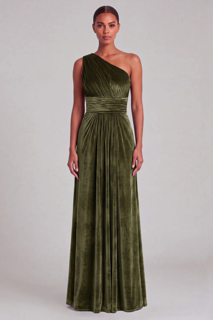 Velvet One Shoulder Olive A-Line Bridesmaid Dress